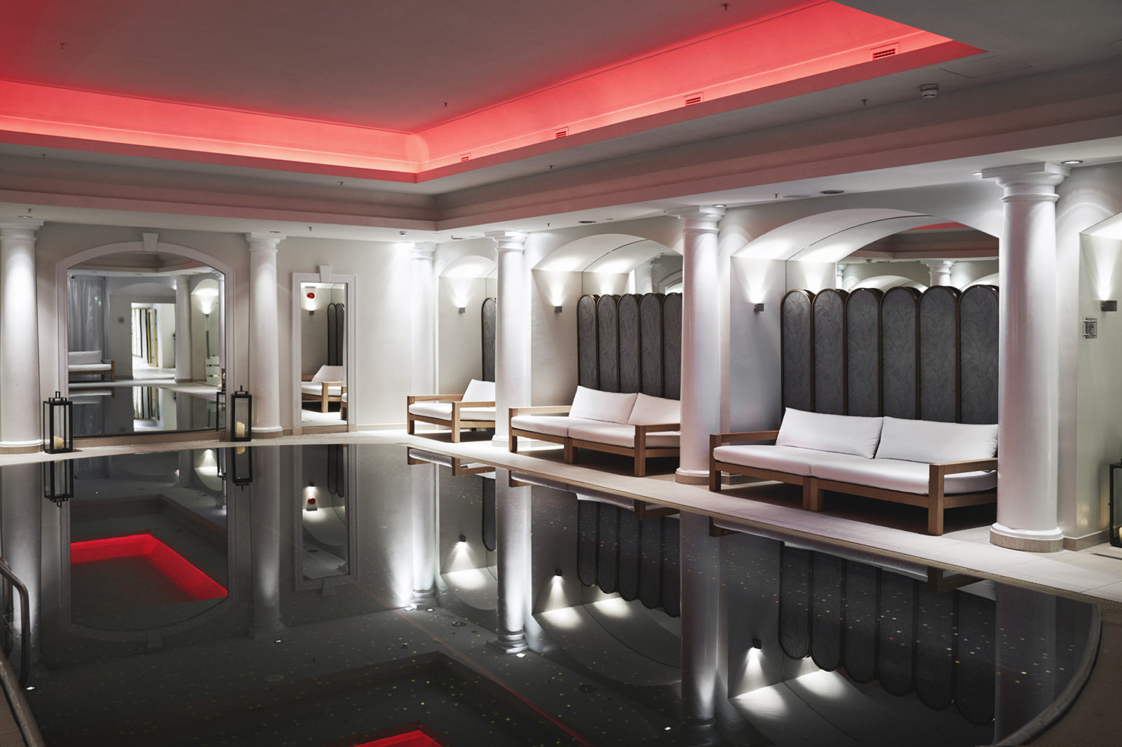 The 12.5m lap pool at Britannia Spa , with the red light setting. Photo by Wil Lee-Wright.