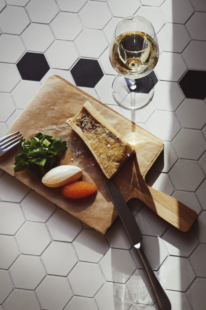 Photo of bone marrow with Røros cream and roe, served at Brasserie Britannia, pictured on tiled floor