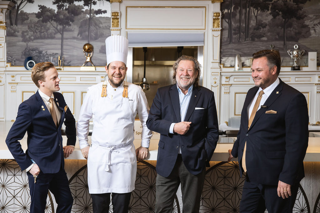 Henrik Dahl Jahnsen, Head Sommelier, Christopher Davidsen, Head Chef, Odd Reitan, owner and Mikael Forselius, Hotel Director, sharing a joke in Speilsalen restaurant, Britannia Hotel