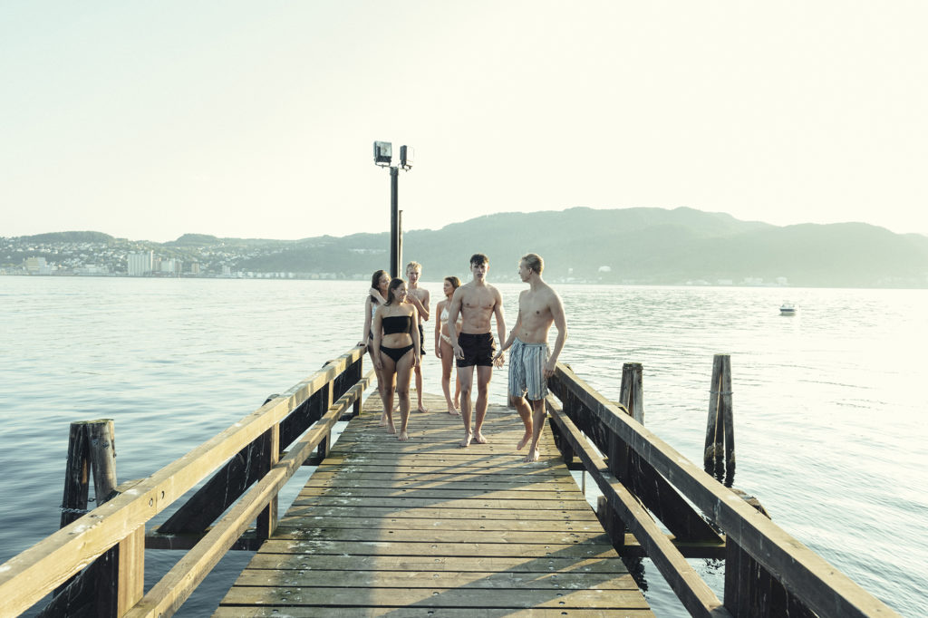 group of young people swimming in the fjord in Trondheim