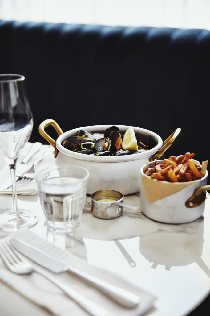 Mussels and chips served in Brasserie Britannia