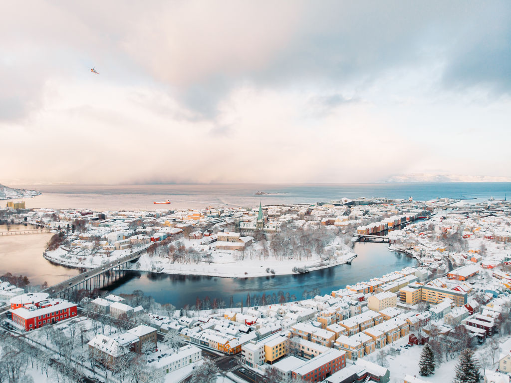 Winter skyline Trondheim with snow and fjord, photo by Visit Trondheim