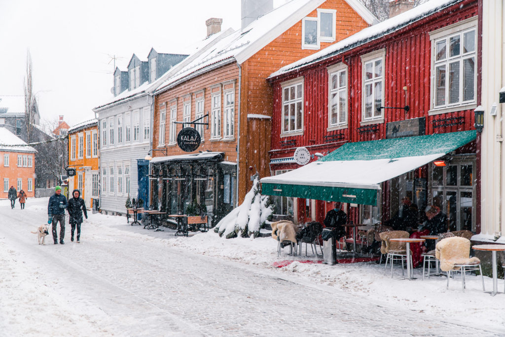 Snowy street in old town Trondheim.